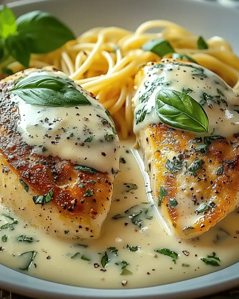 Mozzarella Chicken in Basil Cream Sauce