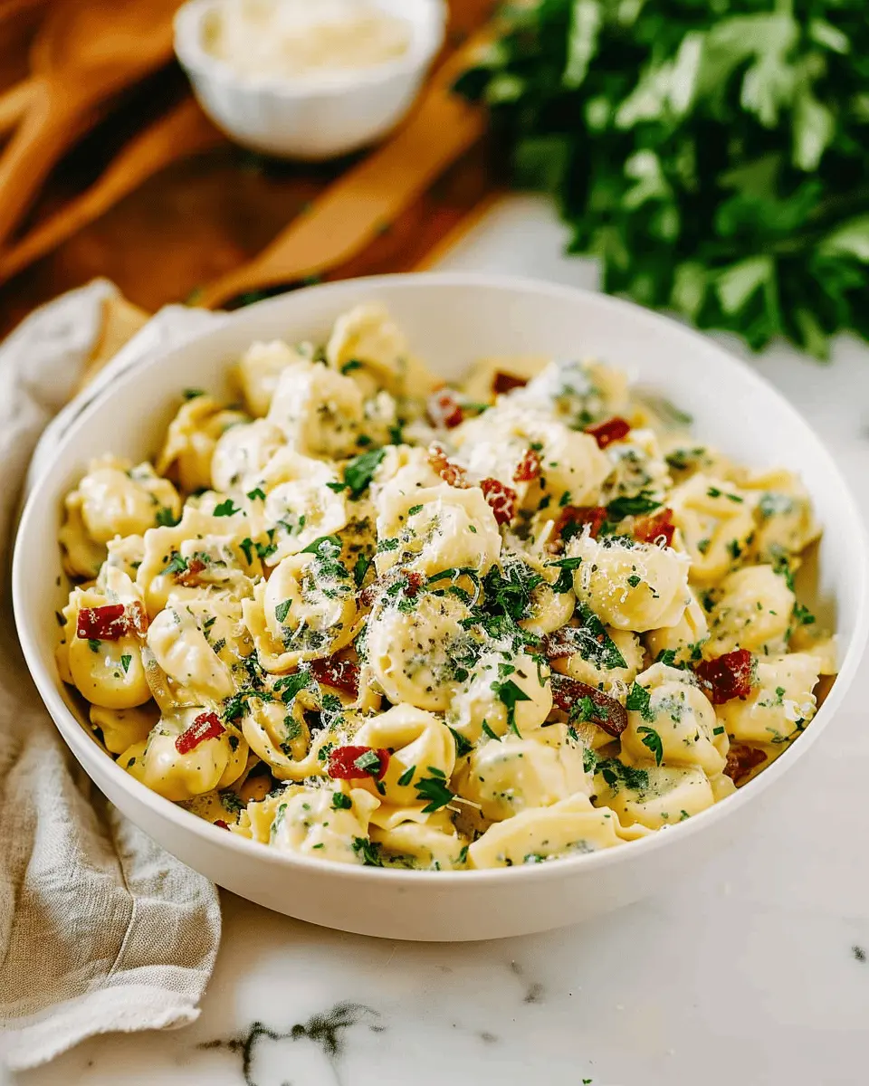 Creamy Tortellini Carbonara Recipe with Turkey Bacon and Chicken Ham