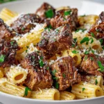 Cajun Steak Tips in Cheesy Rigatoni Parmesan Sauce