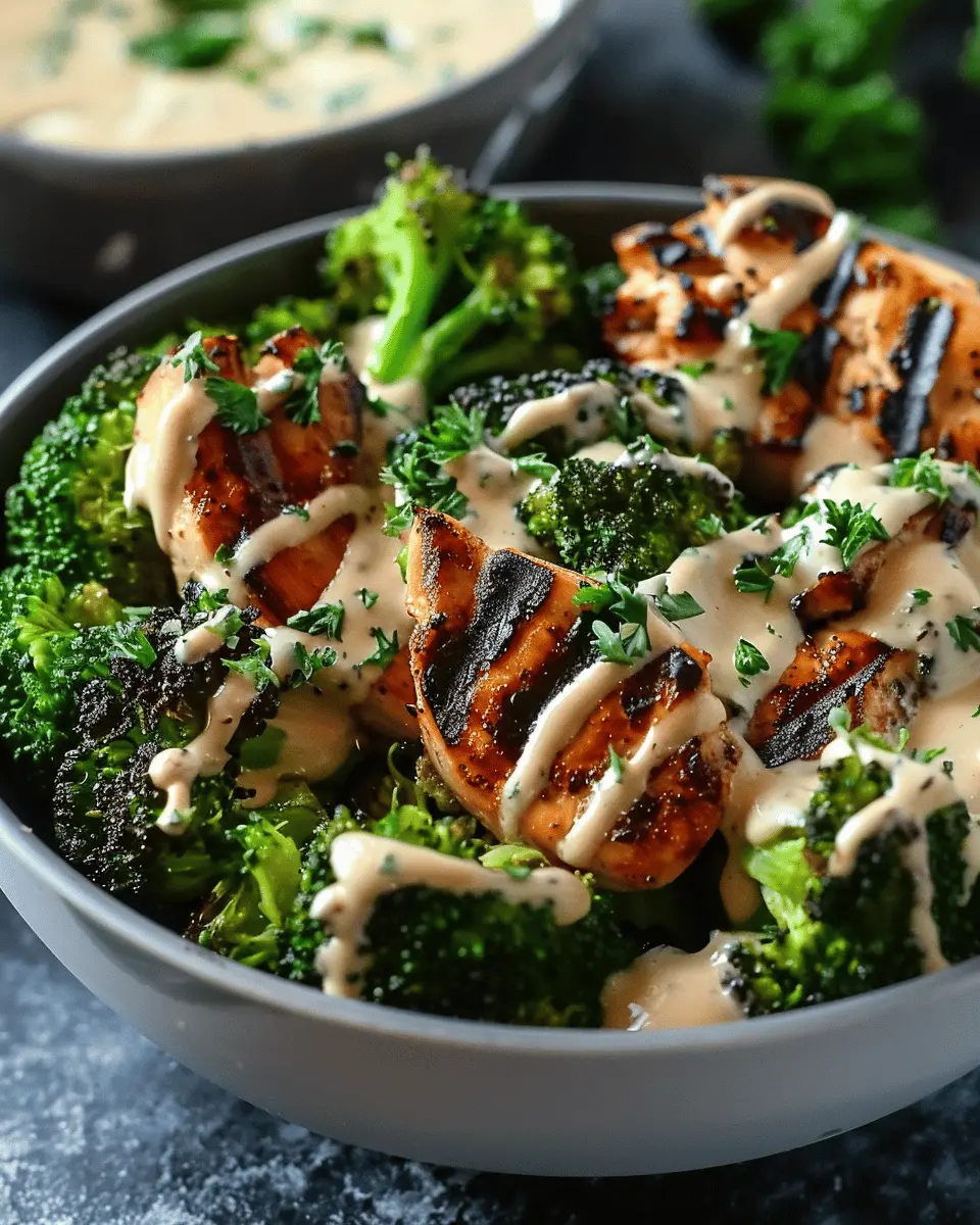 Grilled Chicken &amp; Broccoli Bowls: Easy Creamy Garlic Sauce Delight