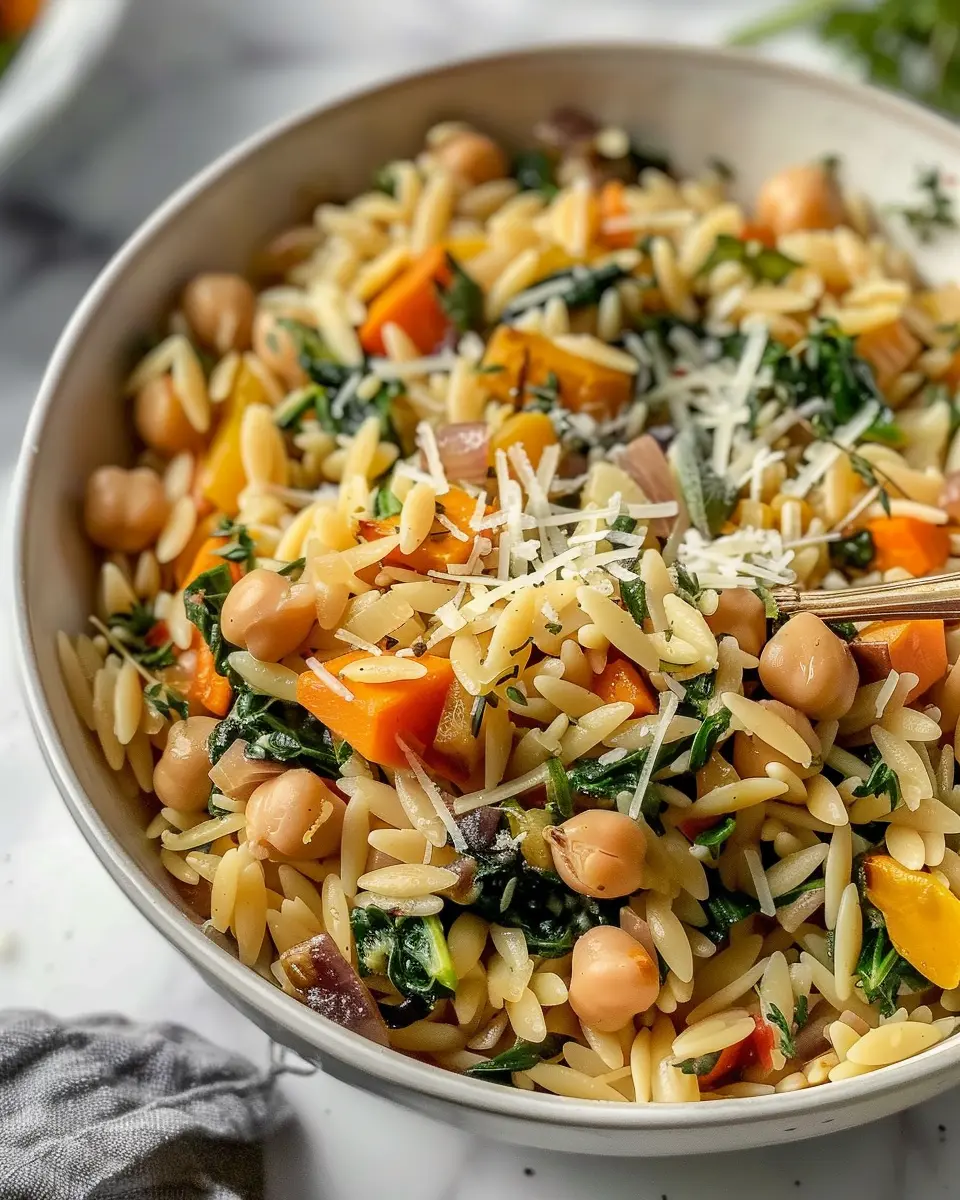 One Pot Fall Vegetable Orzo: Easy, Hearty Chickpeas &amp; Turkey Bacon Recipe