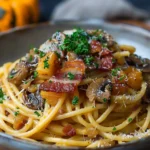 Pumpkin & Mushroom Spaghetti with Crispy Bacon