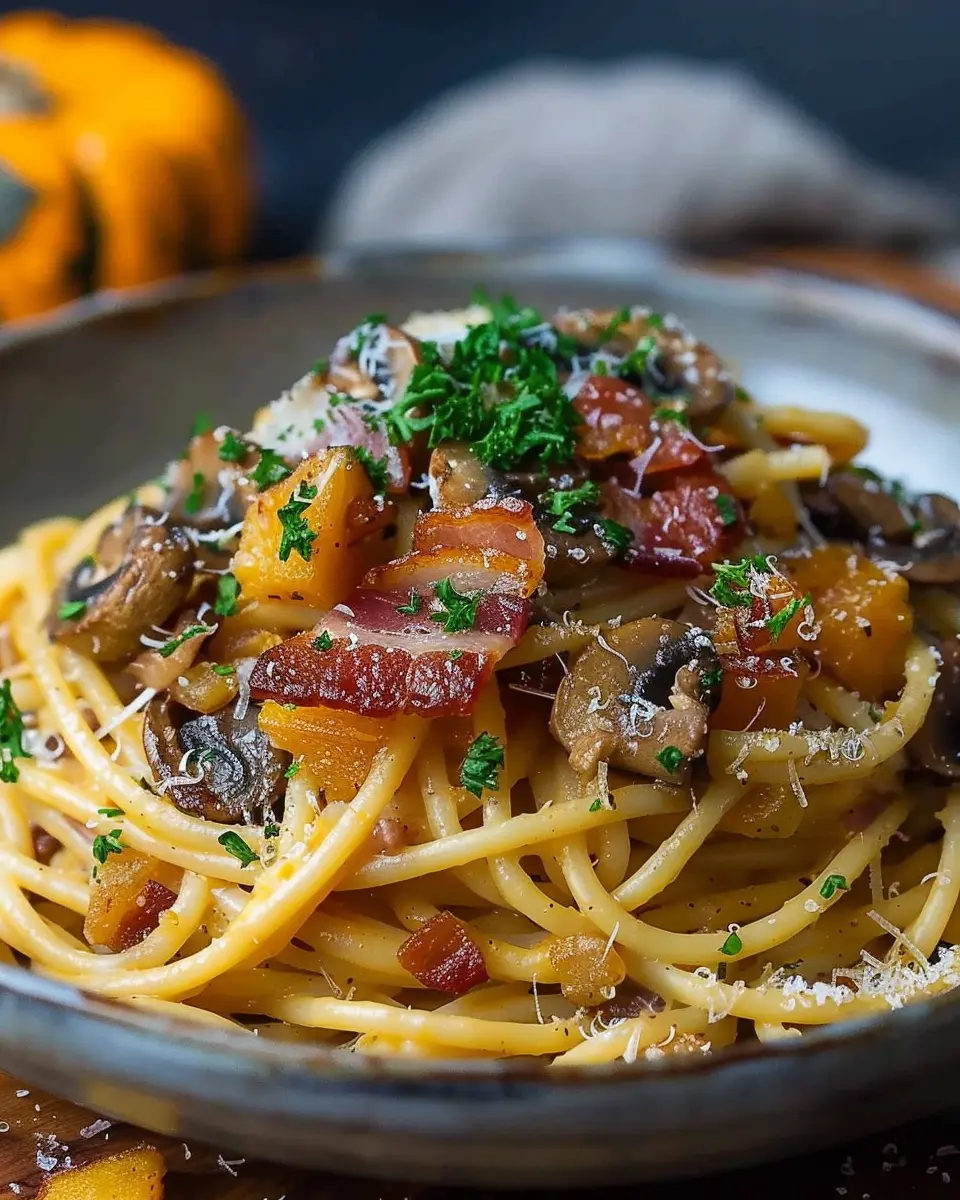 Pumpkin &amp; Mushroom Spaghetti with Crispy Turkey Bacon Delight