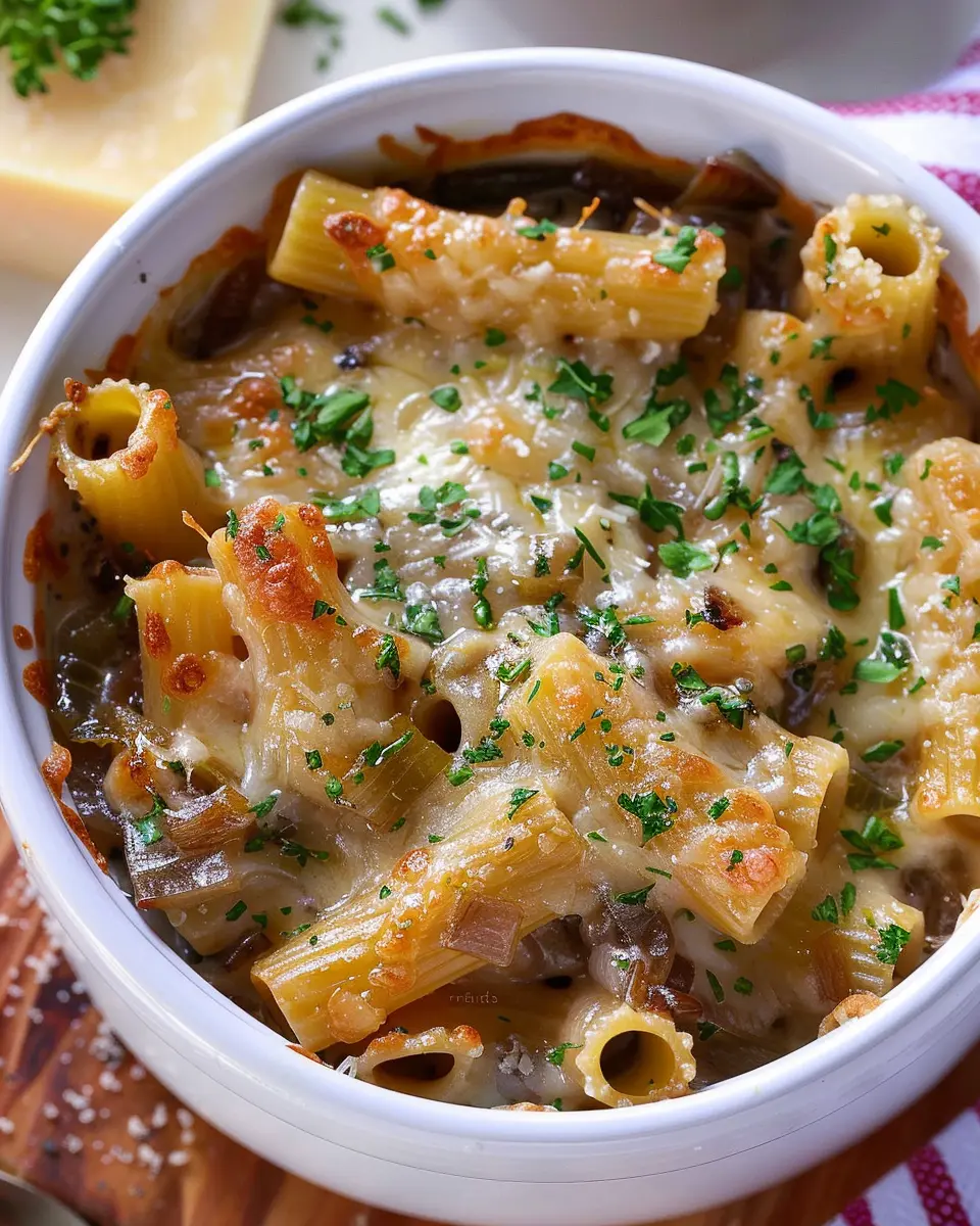 French Onion Soup Pasta: Indulgent Comfort Food with Turkey Bacon