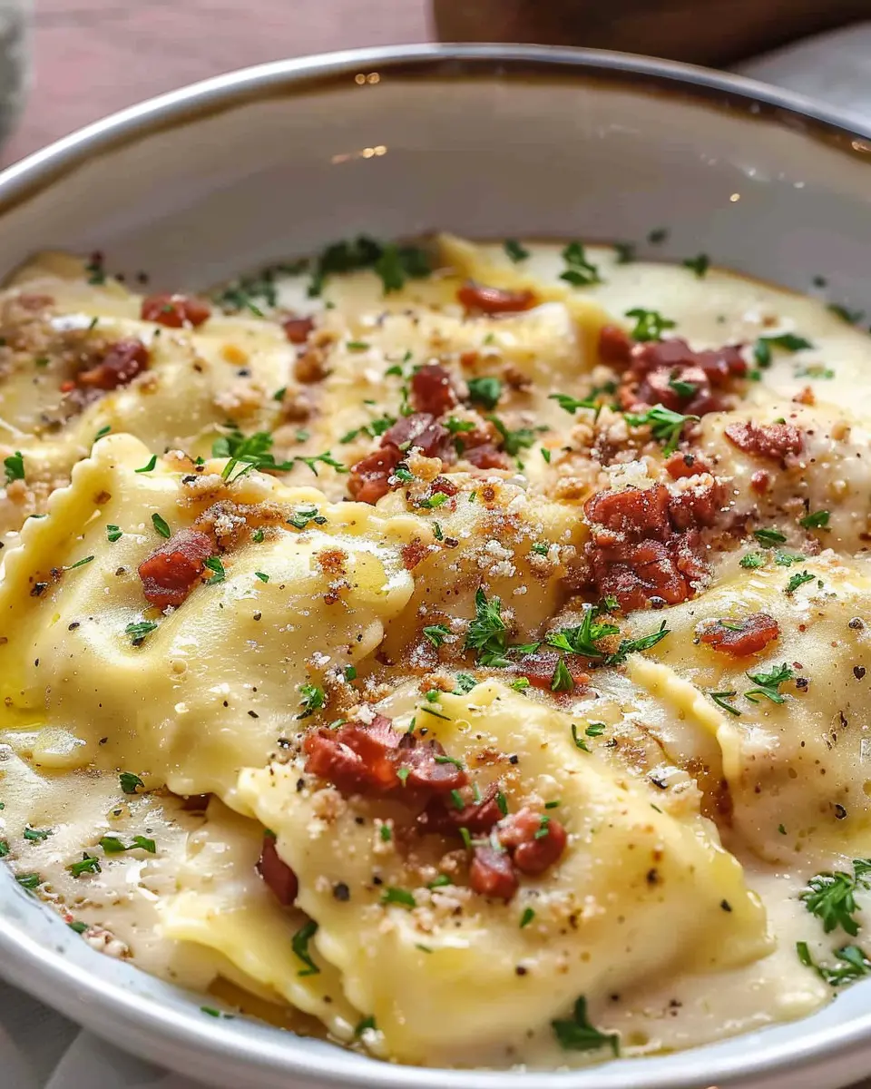 Olive Garden Ravioli Carbonara with Turkey Bacon and Chicken Ham