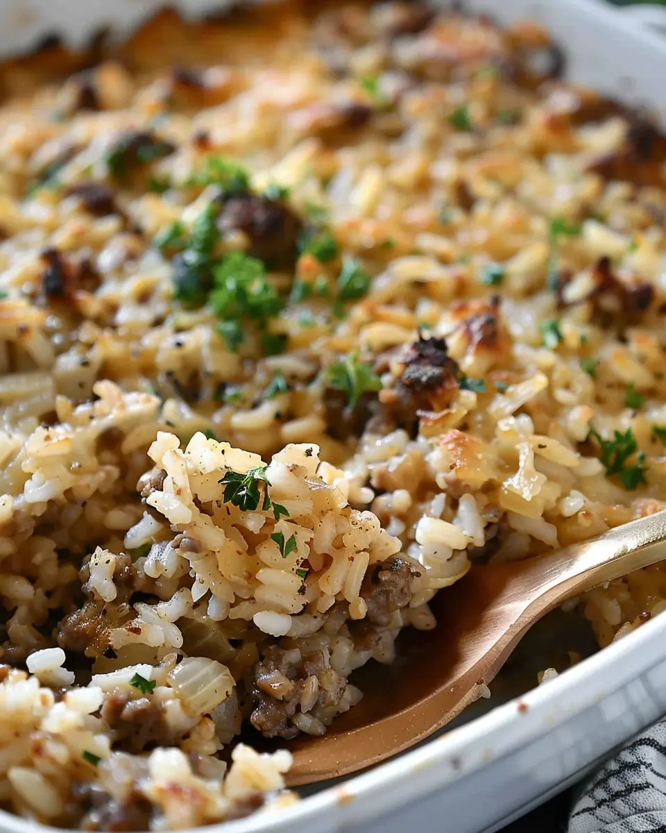 French Onion Ground Beef and Rice Casserole with Turkey Bacon Delight
